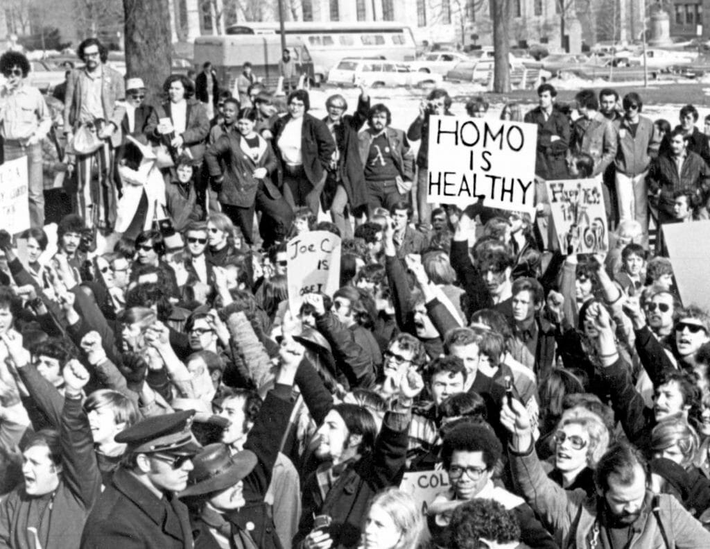 Demonstrators gathered in Albany, New York, in 1971 to demand gay rights and to declare that "Homo Is Healthy."