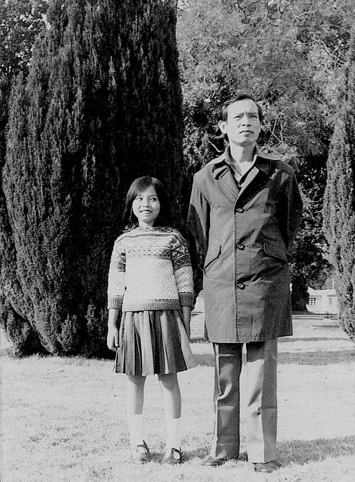 Linh, aged seven, with her father, Thanh Vu, in a refugee camp in Sopley, Hampshire, circa 1980. Courtesy of Linh Vu.