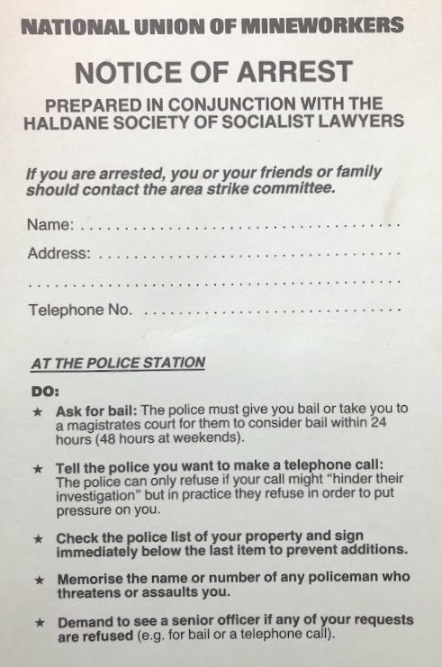 NUM Advice for miners arrested during 1984-5 strike