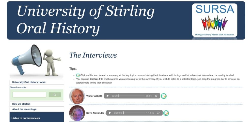 Screengrab of SURSA oral history project website