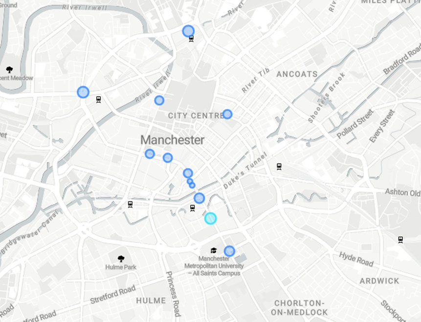 The sonic map “Manchester and Salford Cinema History Walking Tour” which is made up of 12 individual sound areas. One sound area is highlighted in light blue and indicated by a black arrow (Image: Archives+ / RecursiveArts, 2023)