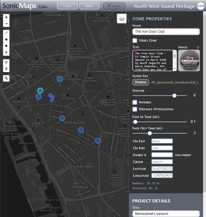 Screengrab of our Merseybeat sonic map showing latitude, longitude and radius of a circular sound area (Image: NWSH, RecursiveArts, 2023)